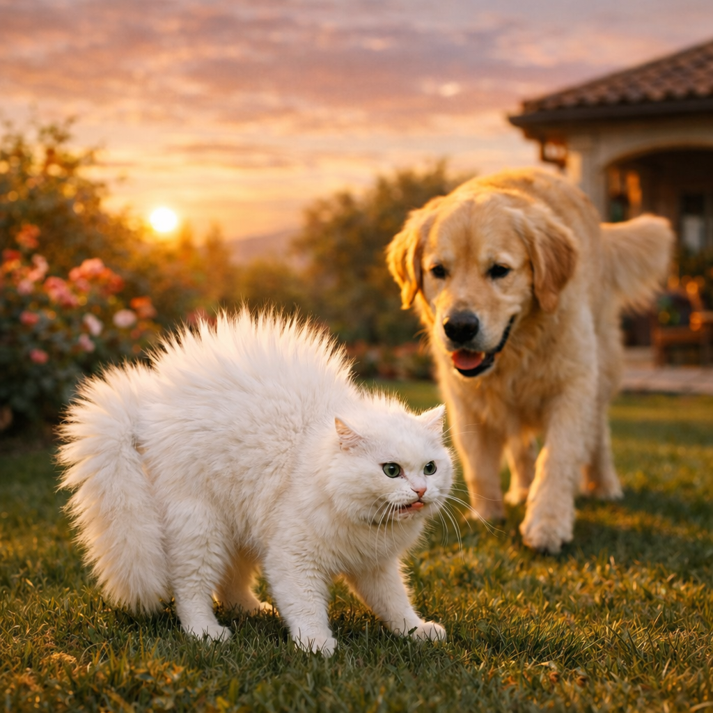 Un'immagine in cui c'è un gatto bianco con il pelo gonfio per la paura, dovuta alla presenza di un cane.