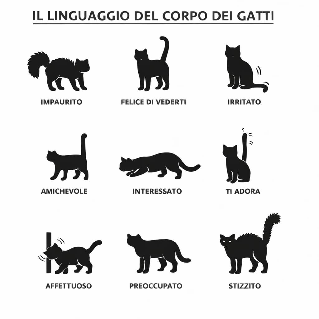 Una grafica con nove posizioni della coda in un gatto a rappresentare diversi stati d'animo.