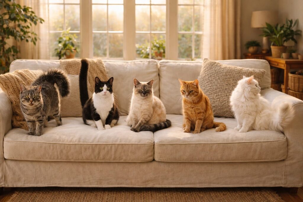 Cinque gatti di razze diverse seduti su un divano bianco all'interno di una casa. Le loro code hanno posizioni diverse a rappresentare il linguaggio felino delle code.