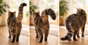 Un'immagine con 3 gatti. Il primo a sinistra ha la goda dritta perchè è contento, il secondo ha la coda gonfia perchè ha paura, il terzo ha la coda bassa perchè non sa cosa fare.