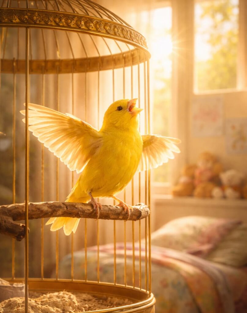 Immagine di un canarino che canta a primavera in una stanza illuminata dal sole