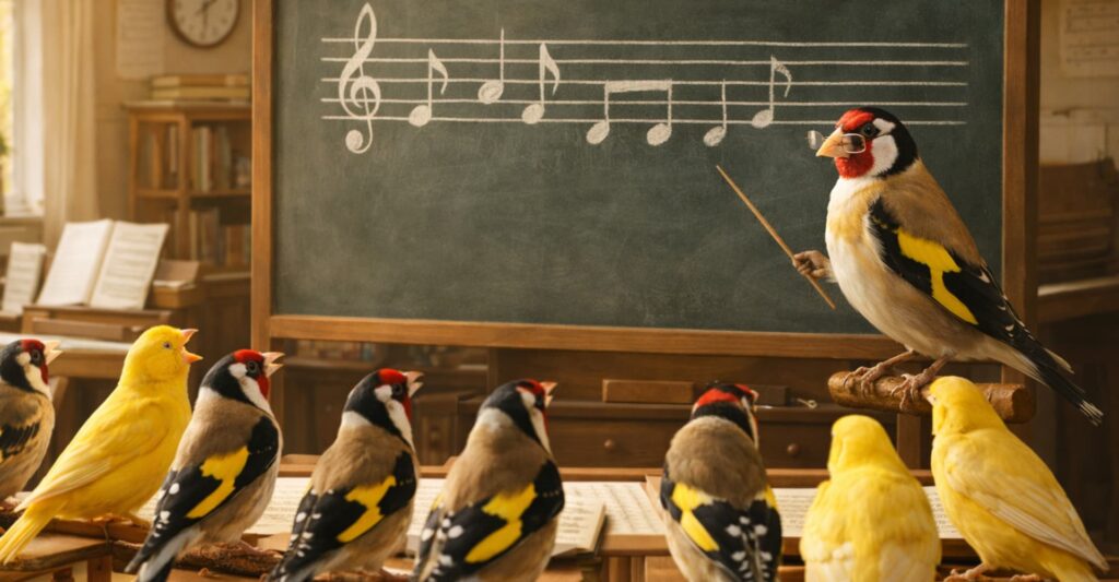 Immagine che raffigura come studiano a scuola canarini e cardellini il canto primaverile