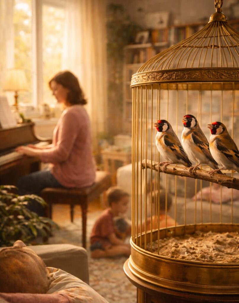 Immagine di cardelini che cantano a primavera in una stanza dove c'è una donna che suona il pianoforte