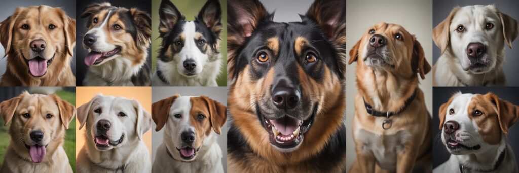 Le immagini fotorealistiche di diversi cani a rappresentare i 10 comportamenti del cane