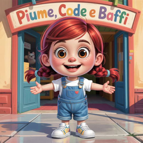 Un'immagine grafica che rappresenta il benvenuto di una bimba con le trecce rosse, una tutina di jeans e una maglietta bianca davanti al negozio di Piume Code e Baffi