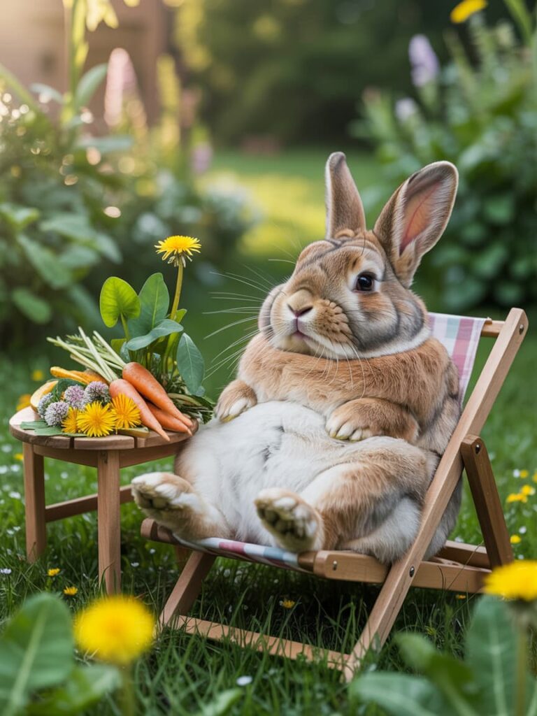 Un grosso coniglio in giardino bianco e beige siede su una sdraio con accanto un tavolino pieno di leccornie.