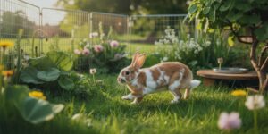 L'immagine di un coniglio beige e bianco in un giardino
