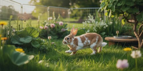 L'immagine di un coniglio beige e bianco in un giardino