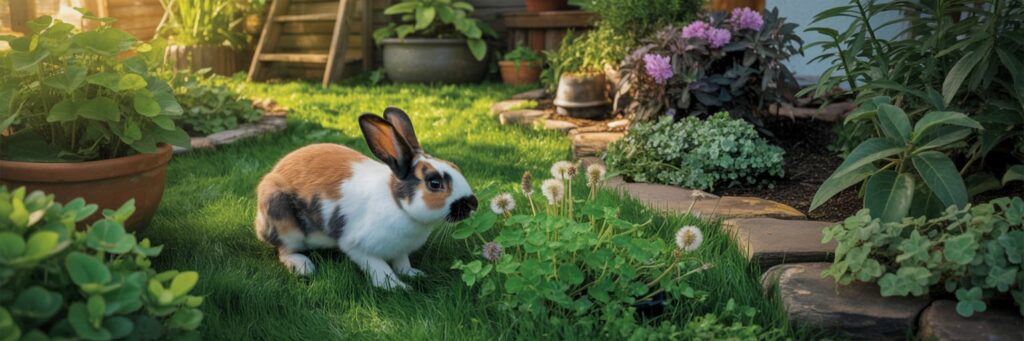 L'immagine di un coniglio in giardino che mangia