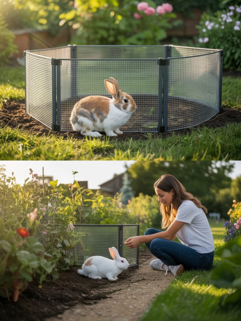 Un'immagine fotorealistica di un coniglio in giardino accanto ad un recito e supervisionato dalla proprietaria