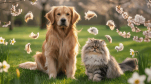 Un golden retrivier e un tigrato peloso in un giardino di ciliegi circondati da ciuffi di pelo a rappresentare la primavera e muta del pelo