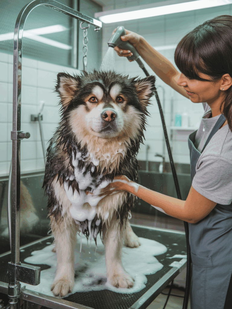 Un Alaskan Malamute durante un bagno in una toelettatura a rappresentare la primavera e muta del pelo del cane