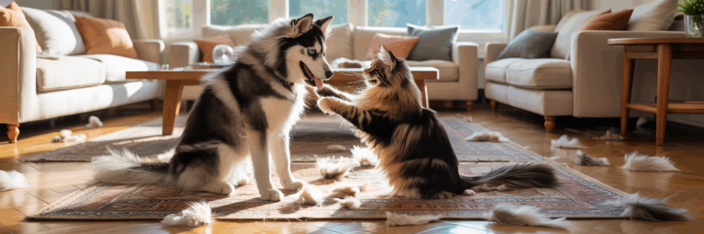 Un Husky e un gatto peloso giocano su un tappeto pieno di ciuffi di pelo a rappresentare la primavera e muta del pelo
