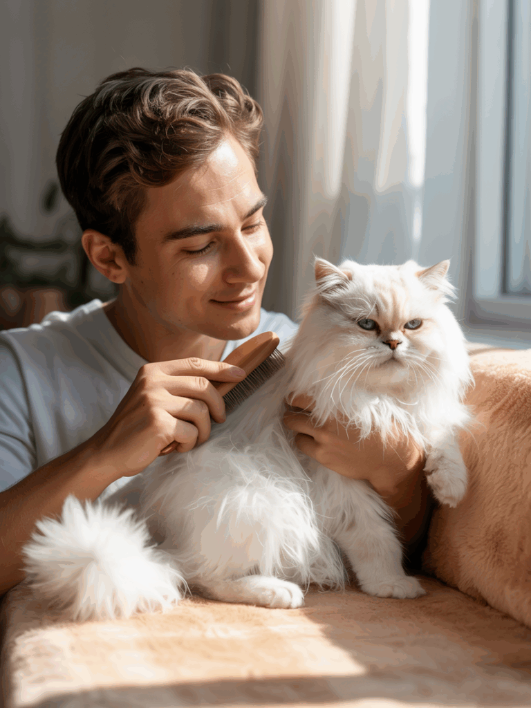 Un gatto persiano su un divano viene spazzolato da un giovane uomo a rappresentare la primavera e muta del pelo