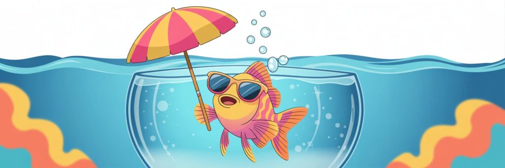 Un'immagine grafica di un pesciolino con ombrello e occhiali da sole per rappresentare il problema del caldo per acquario in estate