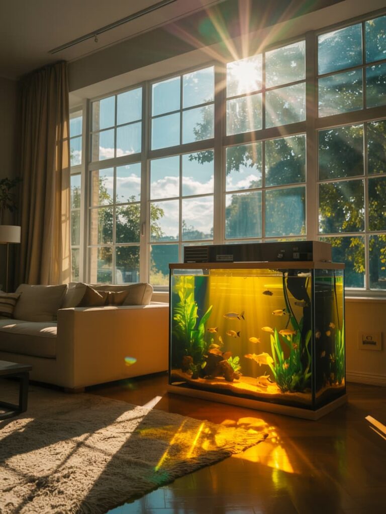 L'immagine fotorealistica di un salone con un Acquario in Estate colpito dal sole