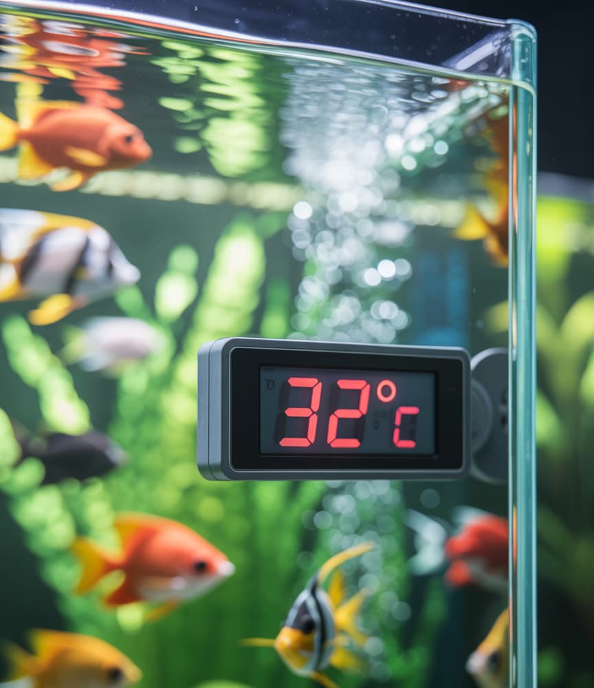 L'immagine fotorealistica di un termometro in primo piano che segna una temperatura alta in un acquario in estate