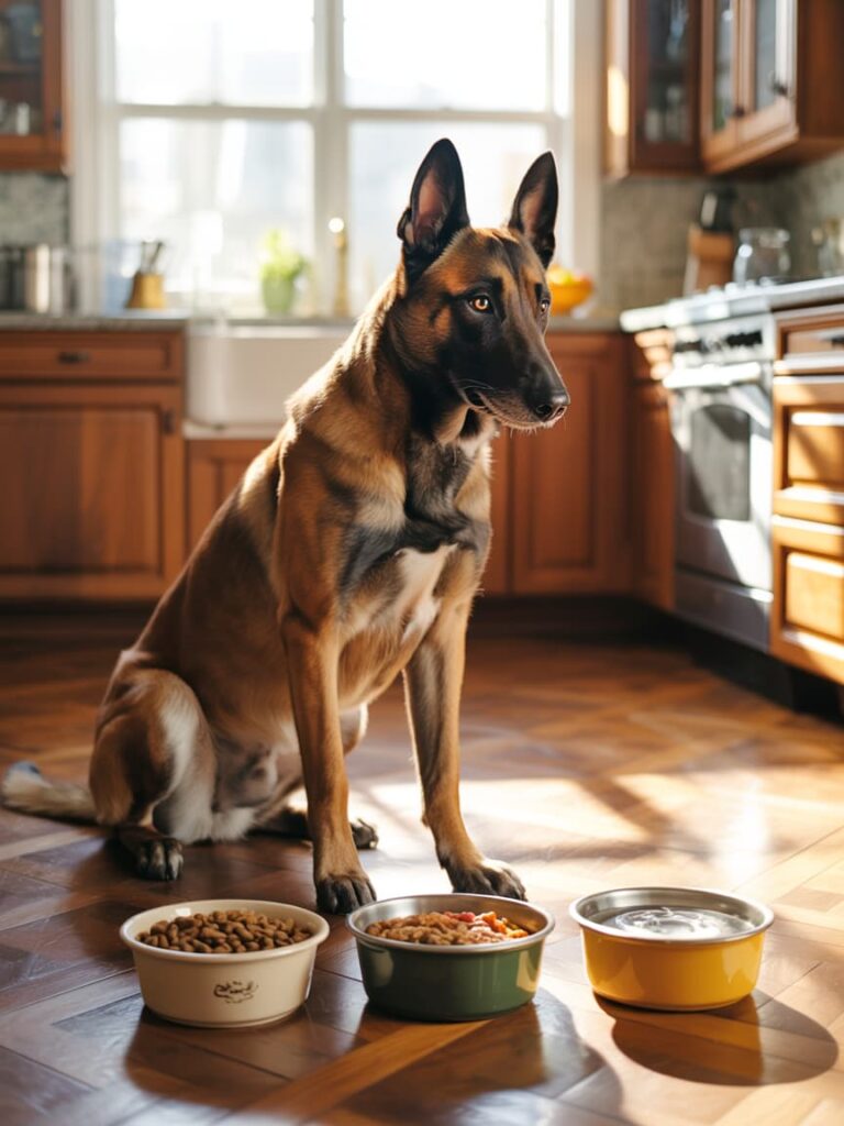 Un cane davanti alle sue ciotole come rappresentazione del prendersi cura del cane adulto attraverso il cibo