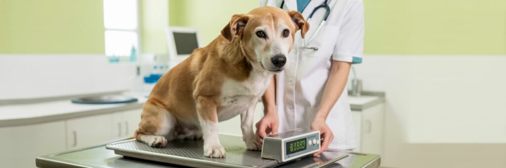 Un cane dal veterinario che lo sta pesando come rappresentazione del prendersi cura del cane adulto