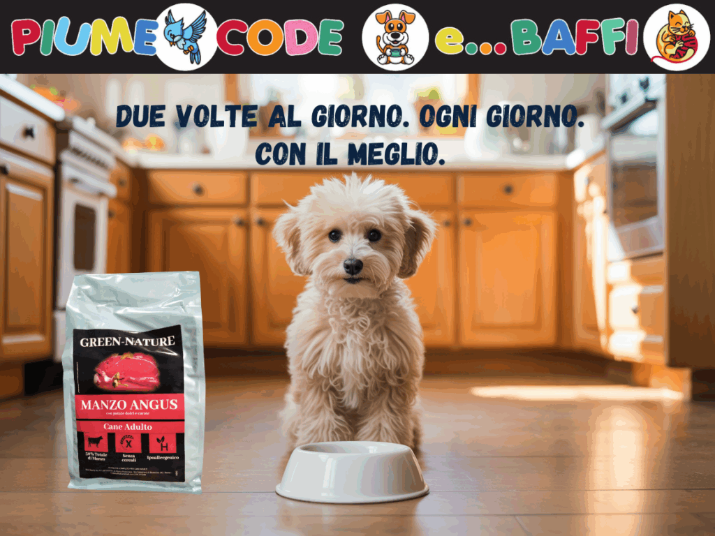 Un cane davanti alla ciotola con accanto una busta di sani croccantini per rappresentare il prendersi cura del cane adulto.